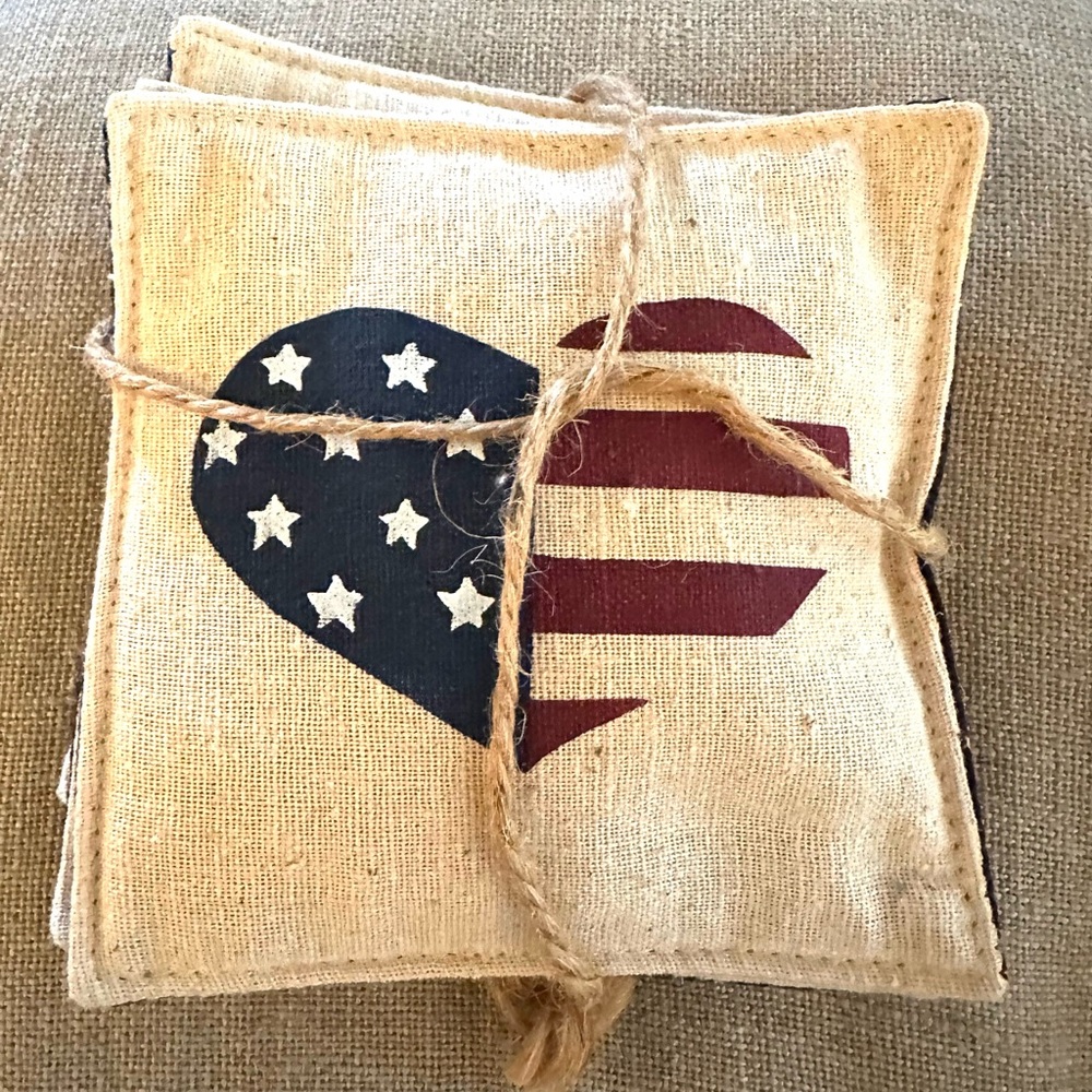 NEW Handmade Alice's Cottage Spiced Mug Mats Coasters Set Flag US Patriotic HTF